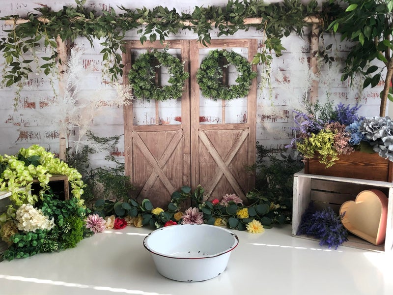 Kate Rustic White Painted Brick Wall Wood Door Photography Backdrops 10x10ft Spring Green Grass and Flowers Photo Backgrounds Baby Shower Backdrop Photoshoot Props - Image 4